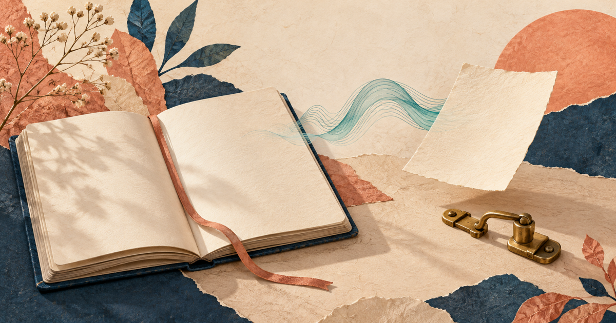 An open journal holds a loose paper note beside a soft teal sound wave and an unlatched brass clasp.