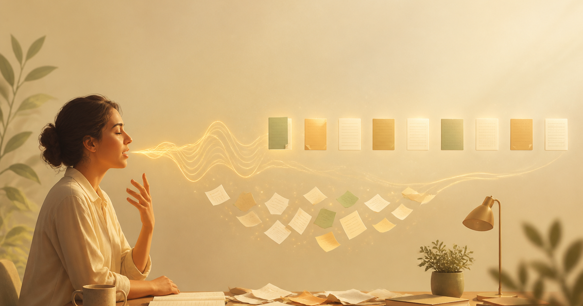 Lound editorial illustration of a person speaking softly at a cluttered desk while a warm voice waveform lifts scattered paper notes into a single orderly line.