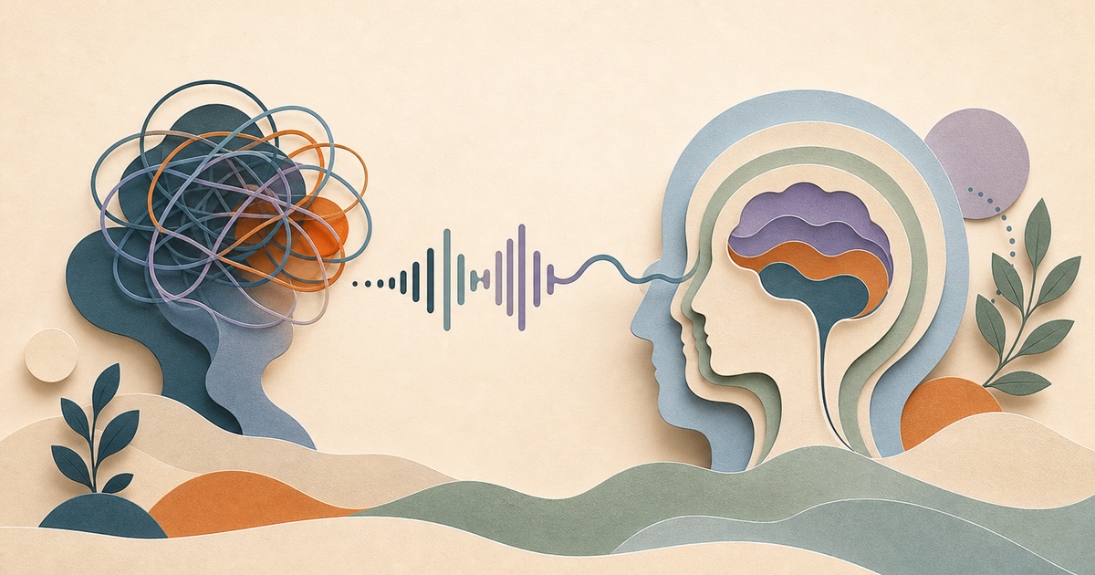 Lound editorial illustration of a tangled emotion shape softening as a voice waveform gives it language.