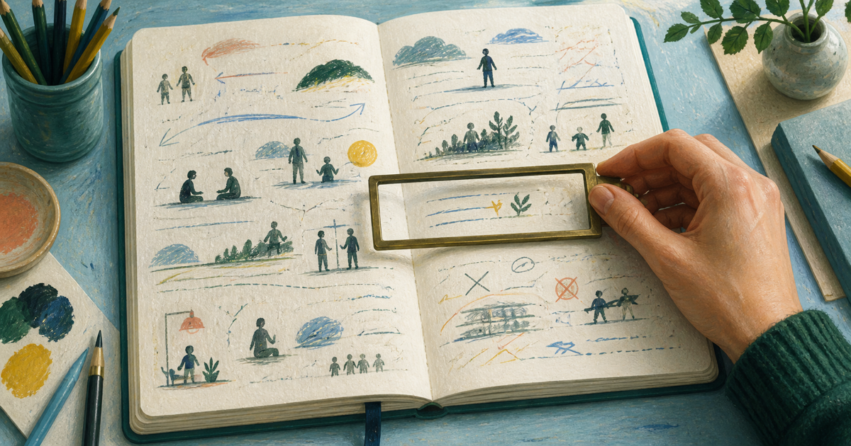 Lound editorial illustration of a magnifying frame isolating a small piece of a journal page while the surrounding context remains visible outside it.