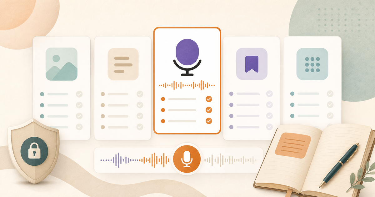 Lound editorial illustration of AI journaling app comparison cards with voice, privacy, and journal signals.