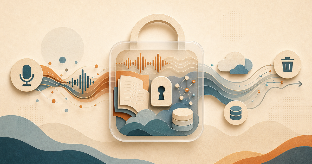 Lound editorial privacy illustration of a lock protecting voice waveforms and journal data paths.