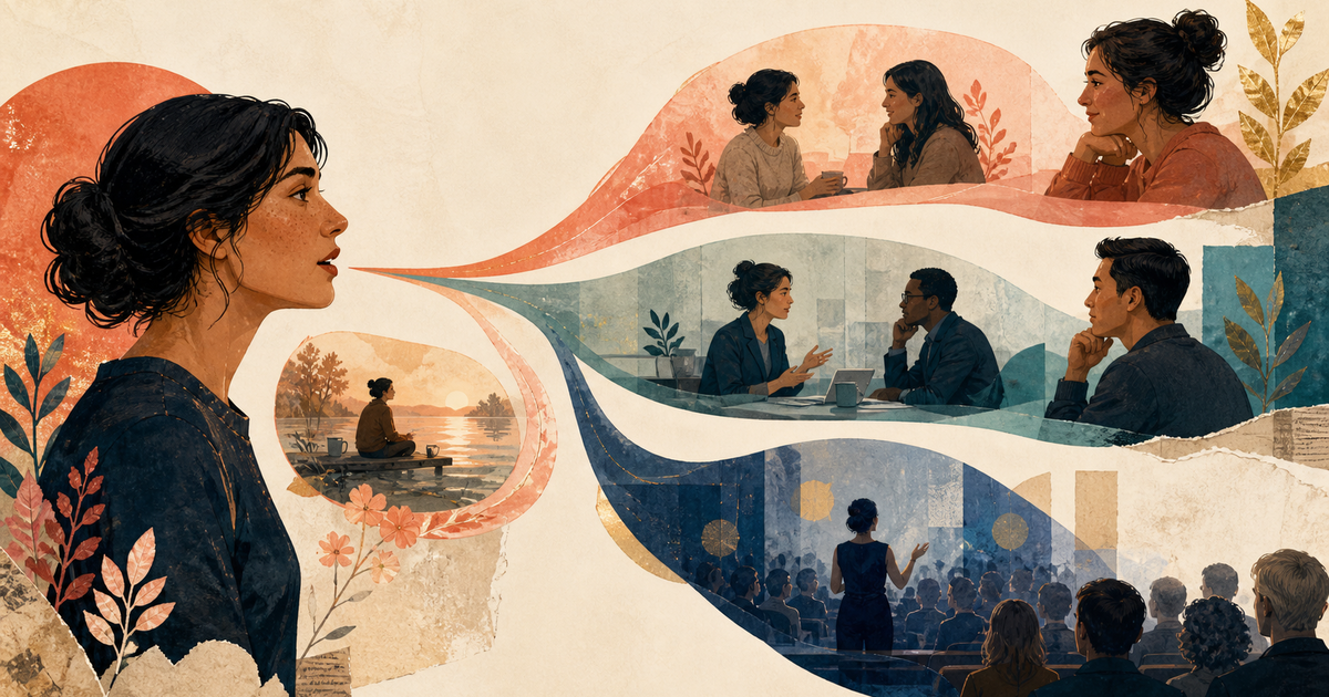 Lound editorial illustration of one memory splitting into different versions as it is told to a friend, a manager, and a public audience.