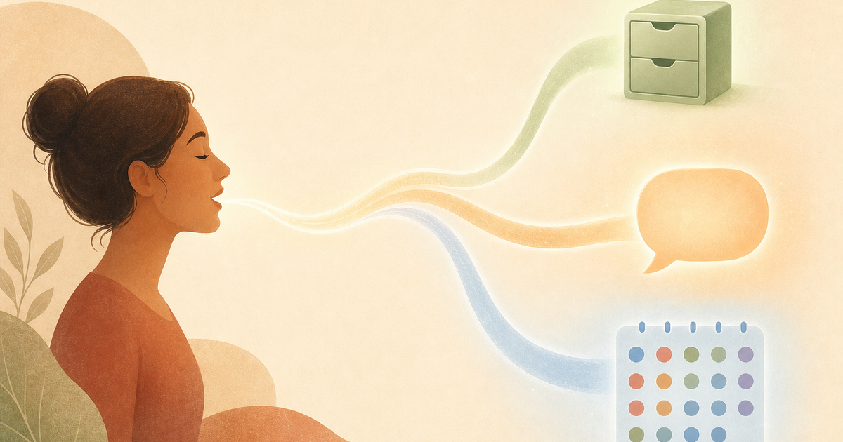 Lound editorial illustration of a person speaking, with the sound wave splitting into three paths: a filing drawer, a speech bubble that replies, and a calendar of colored dots.