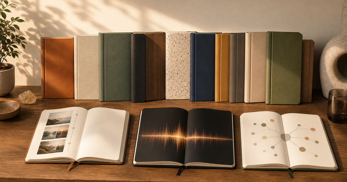 Lound editorial illustration of a shelf of varied notebooks, one open to a photo timeline, one to a voice waveform, one to linked notes, under warm light.
