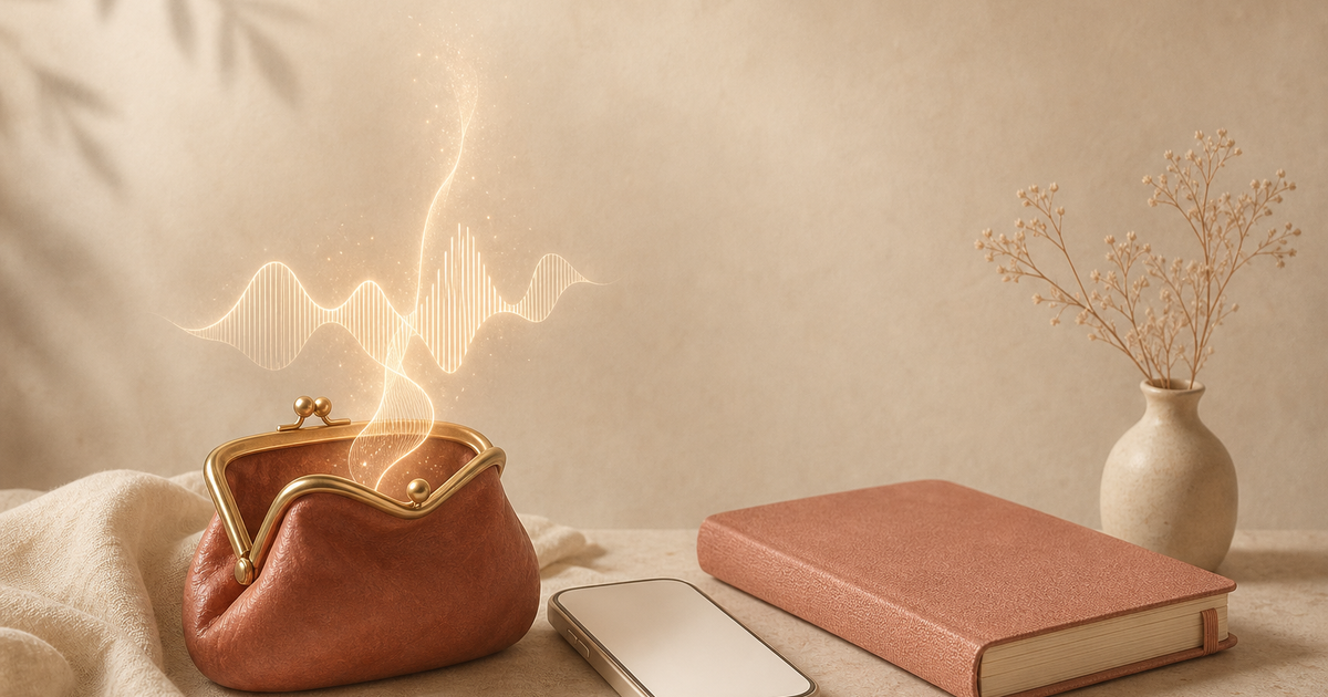 Lound editorial illustration of an open coin purse with a voice waveform rising out of it beside a small phone and a journal, in warm muted tones.