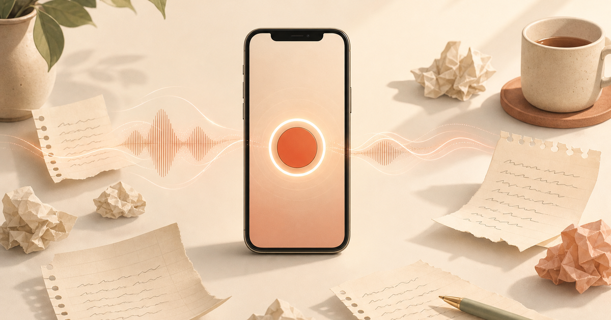 Lound editorial illustration of a phone with a single large record button surrounded by scattered, half-finished paper notes, suggesting how a fast capture path beats a blank page.