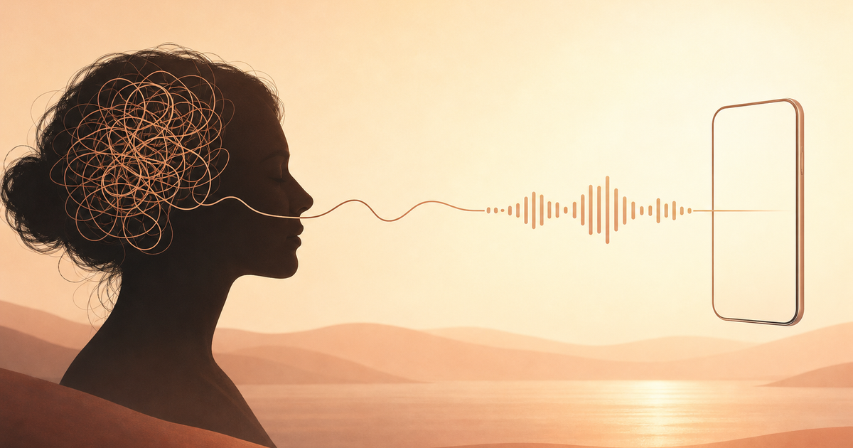 Lound editorial illustration of a tangled thread unwinding from a silhouetted head into an orderly line beside a phone.