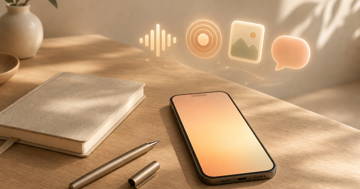 Lound editorial illustration of a pen set aside while a sound wave, tap ripple, photo frame, and speech bubble hover over a phone.