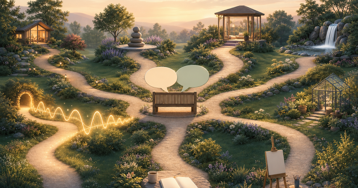 Lound editorial illustration of seven distinct journaling paths branching away from a single guided conversation, with a voice waveform leading one of them.