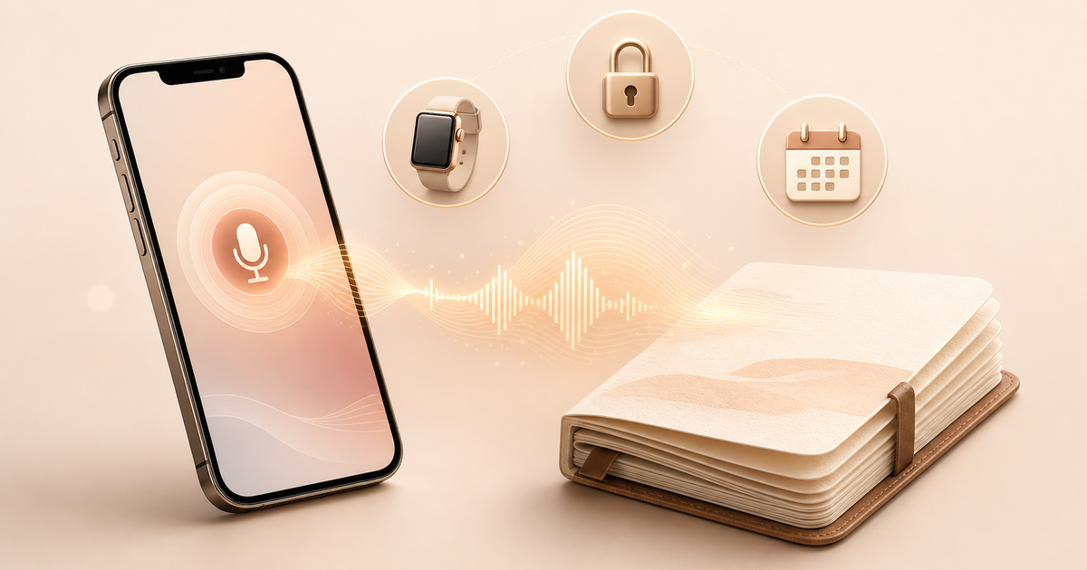 Lound editorial illustration of an iPhone with a warm voice waveform flowing into a stack of journal pages, surrounded by small icons for a watch, a lock, and a calendar.