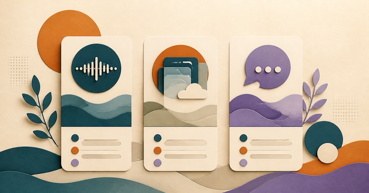 Lound editorial comparison illustration with three abstract journaling workflows: voice, memory archive, and AI reflection.