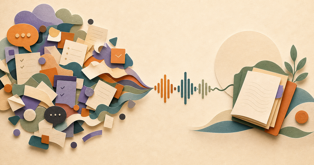 Lound editorial illustration of mental clutter flowing through a voice waveform into organized journal layers.