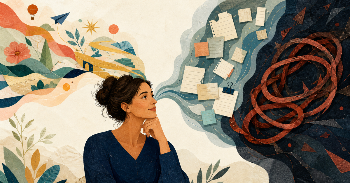 Lound editorial illustration of busy thoughts separating into flexible ideas, unfinished tasks, and a threat-focused worry loop.