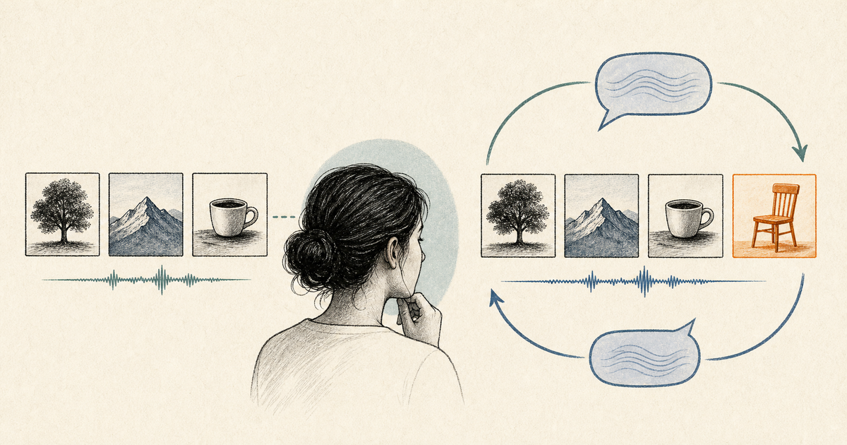 Lound editorial illustration of an original memory recording beside an AI conversation that introduces a subtly altered detail.