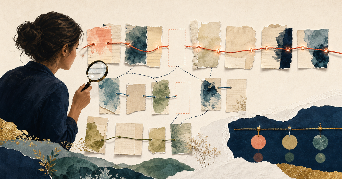 Lound editorial illustration of an AI highlighting a journal pattern while missing entries and alternative explanations remain visible.