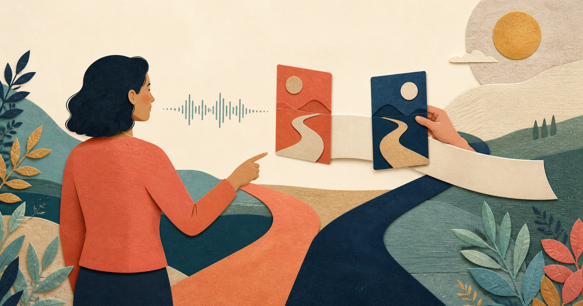 Lound editorial illustration of one selected path being quietly swapped while a speaker continues explaining the original decision.
