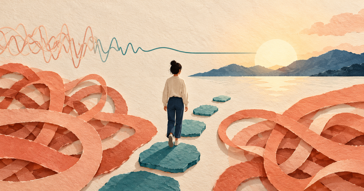 A person follows teal stepping stones through tangled coral paper ribbons toward distant mountains.