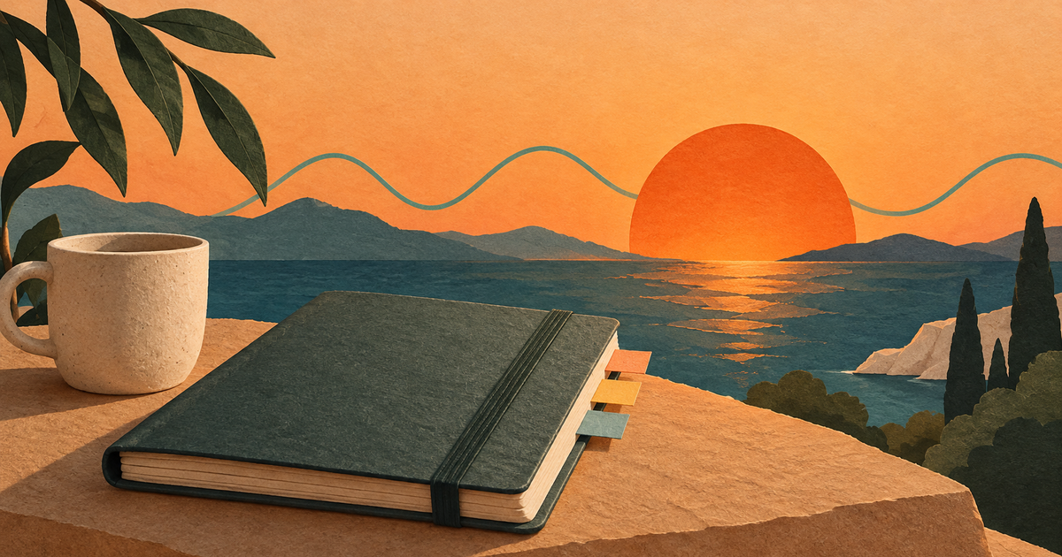 A sunset-orange paper sun sets behind a journal with three small unfinished tabs and a calm teal waveform.