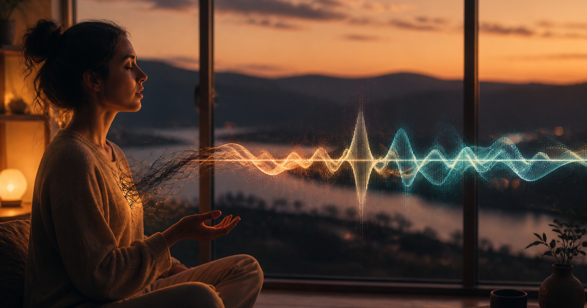 Lound editorial illustration of a person by a window at dusk speaking quietly as a tangled thread from their chest straightens into a calm voice waveform.