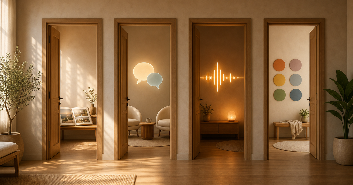 Lound editorial illustration of four doorways in a warm hallway, each opening onto a different scene: a photo album, a conversation, a sound wave, and a mood chart.