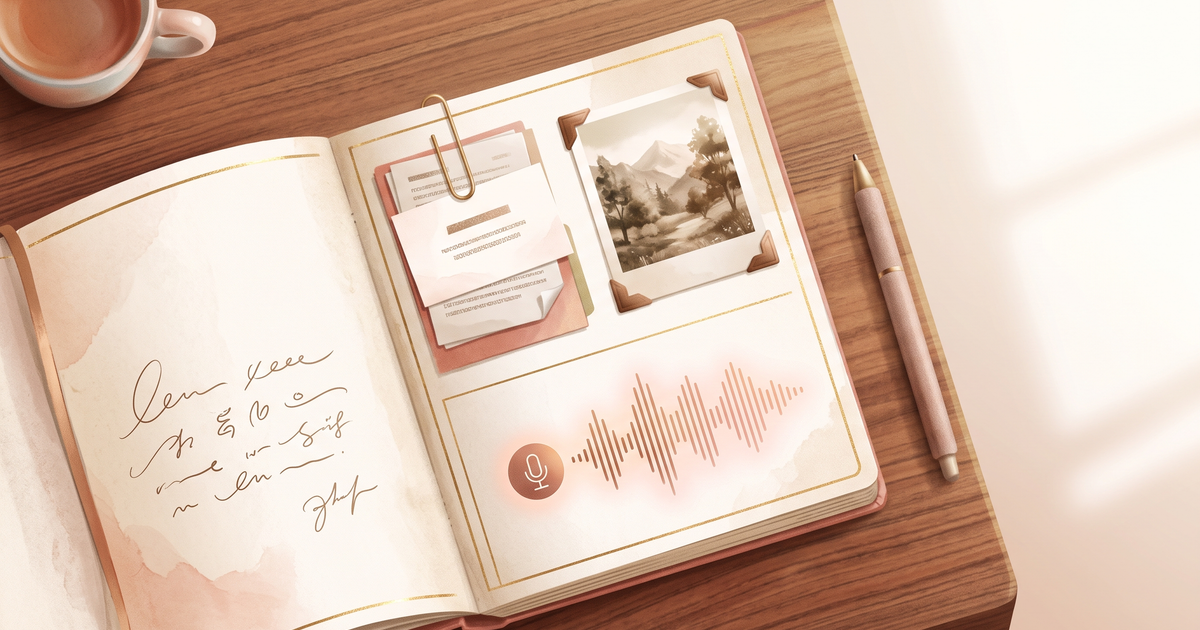 Illustration of an open journal on a wooden desk with a small photograph, a paper-clipped attachment, and a glowing voice waveform sitting together on one page.