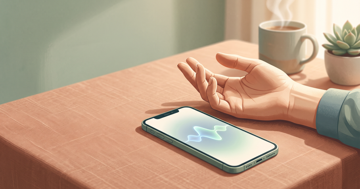 Illustration of a relaxed open hand resting on a table beside a phone showing a soft voice waveform, with warm morning light and a cup of tea nearby.