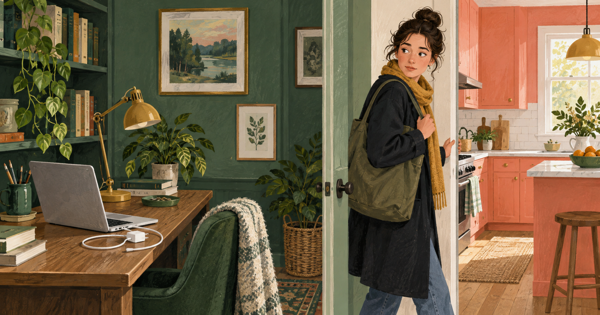 A person pauses between a green study and a coral kitchen, looking back toward a charging cable on the desk.