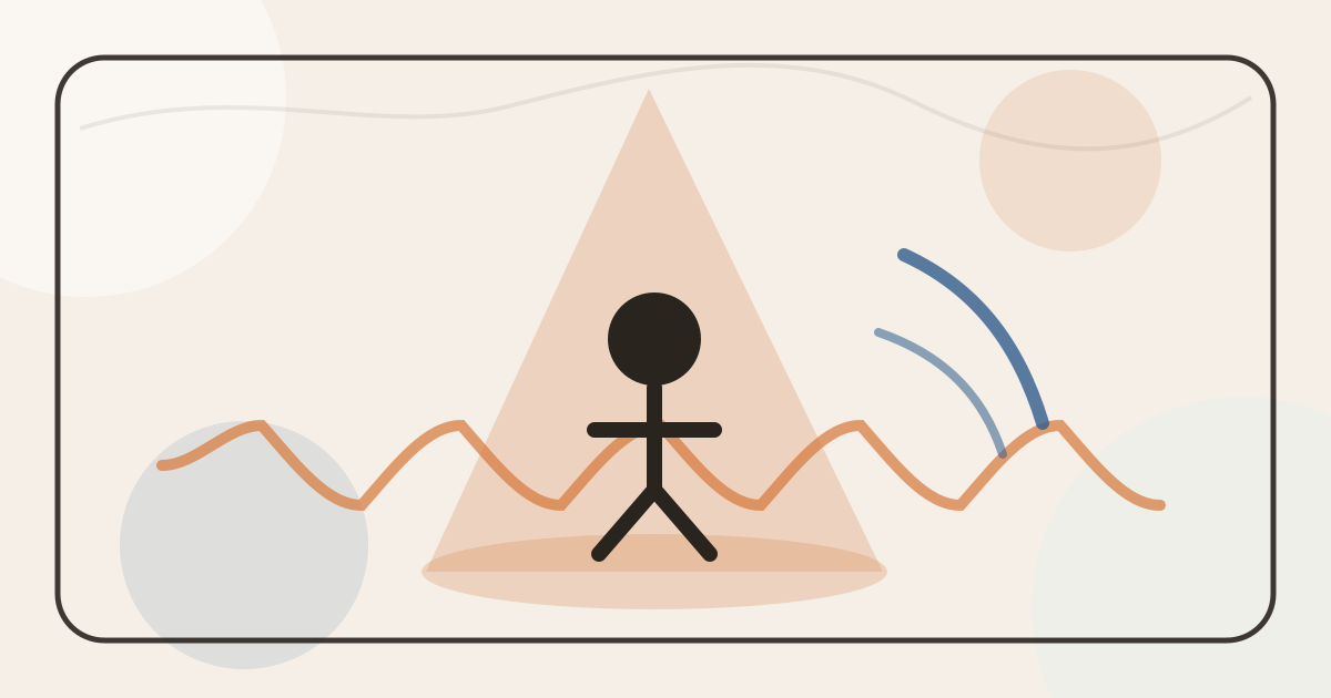 Lound editorial illustration of a tiny figure under an oversized spotlight fading into a calm factual voice note.