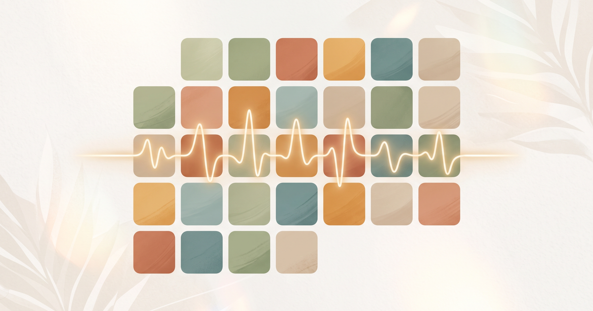 Illustration of a month grid of softly colored mood tiles in amber, terracotta, sage, and blue with a glowing voice waveform threading across the days.