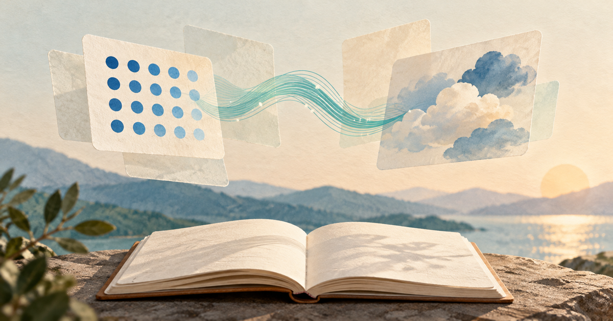 Four translucent paper cards with different abstract marks float over an open journal and teal waveform.