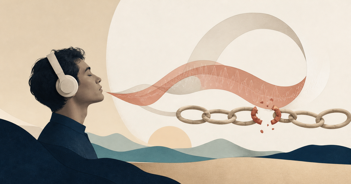 Lound editorial illustration of a confident internal thought losing pieces as it is spoken and heard clearly.