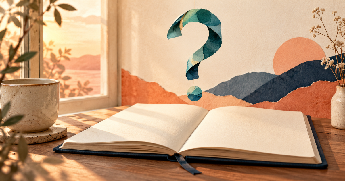 A calm open notebook shows a single blank page beneath a suspended teal question-shaped ribbon and warm window light.