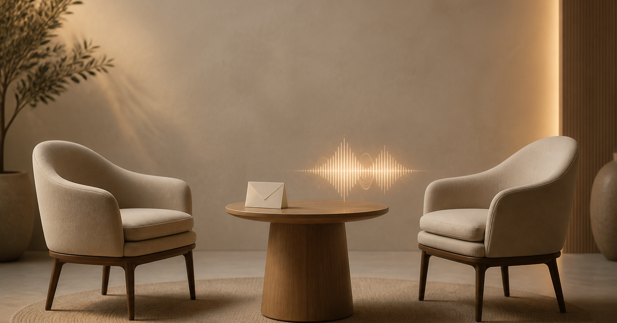 Lound editorial illustration of two empty chairs facing each other across a small table, with a single folded note card and a soft voice waveform resting on one side.