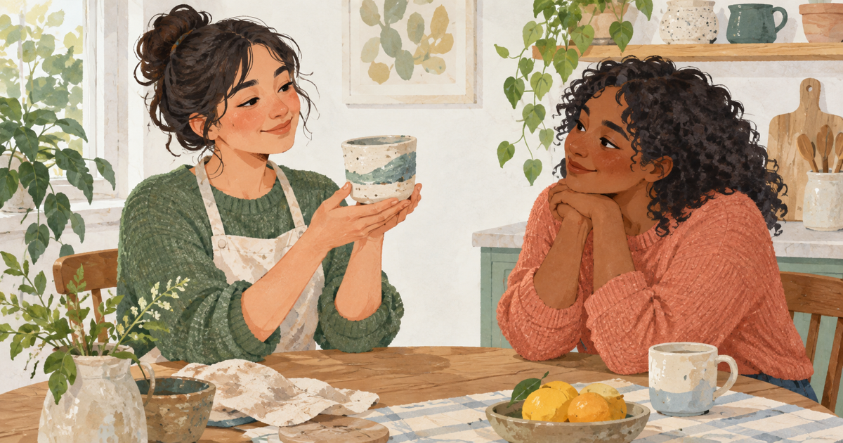 Lound editorial illustration of a friend leaning forward with interest as another proudly shows a handmade ceramic cup.