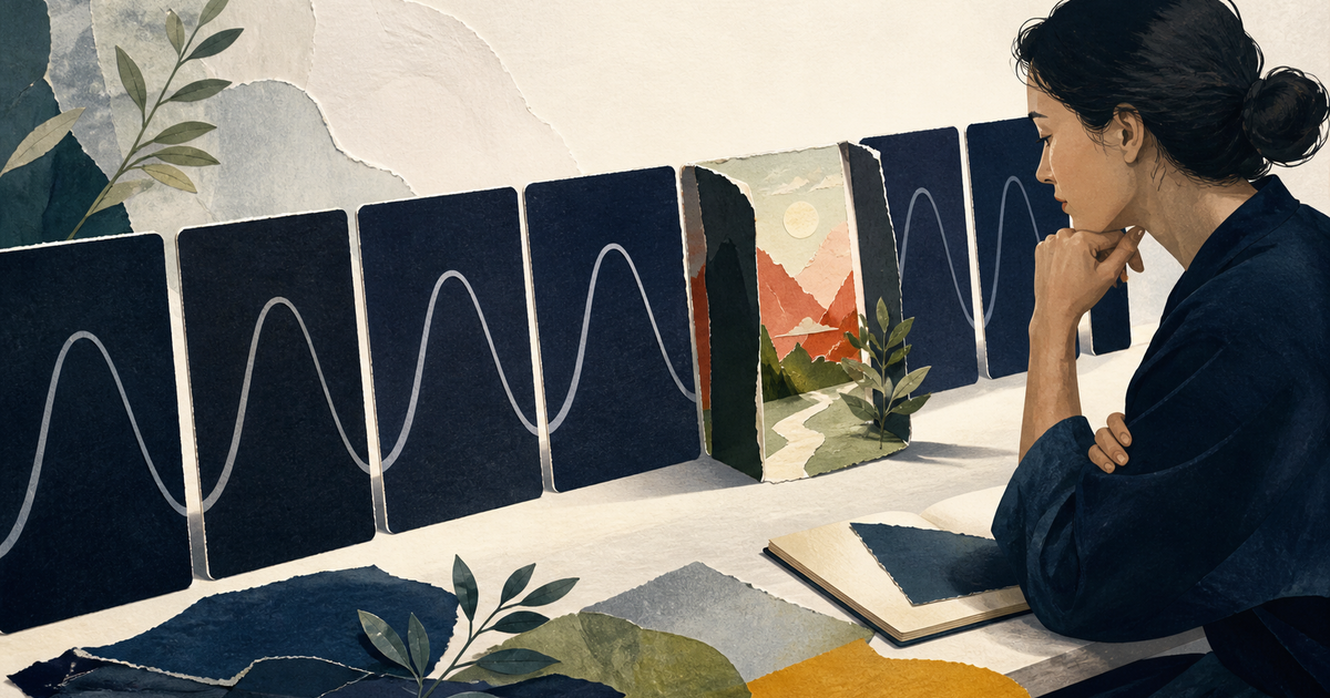 Lound editorial illustration of matching journal entries interrupted by one bright counterexample that changes the pattern.