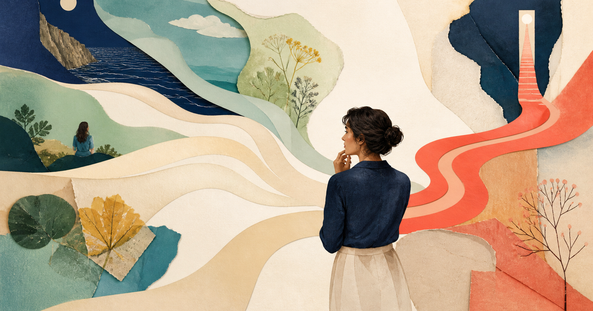 Lound editorial illustration of journal questions bending a stream of attention toward different details before an answer is spoken.