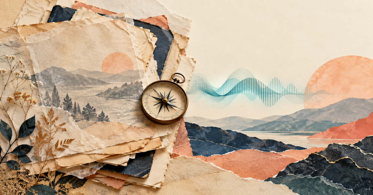 Layered dated journal pages sit beneath a small compass and a teal waveform, with one page left transparently visible.