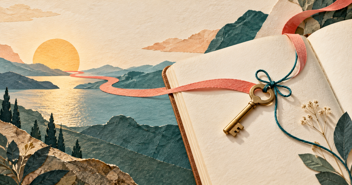 A small warm key tied with teal string rests on an open journal beside a coral bookmark path.