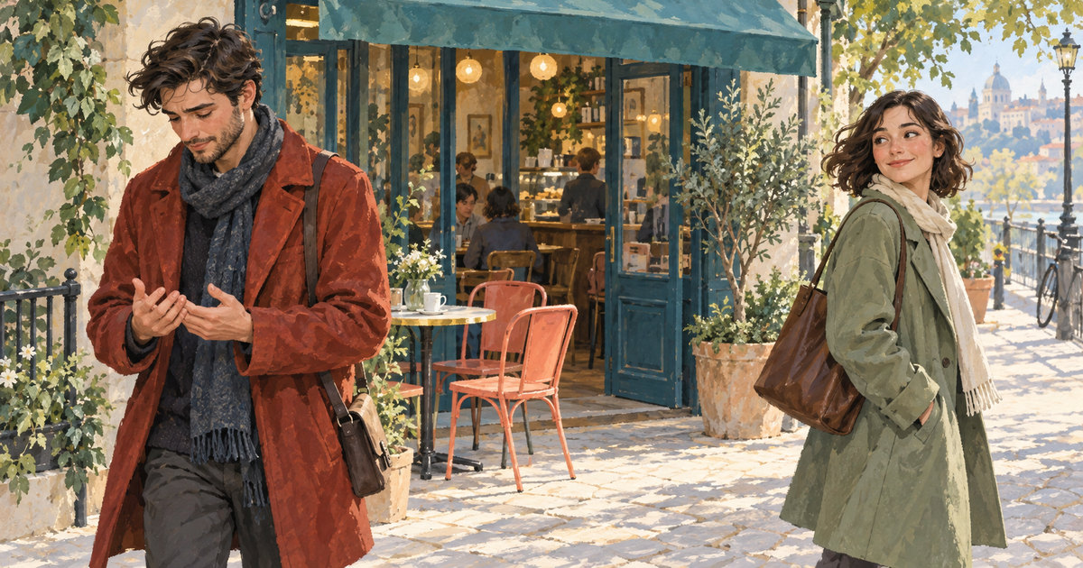 Two people leave a cafe conversation, one looking thoughtful while the other turns back with a warm smile.