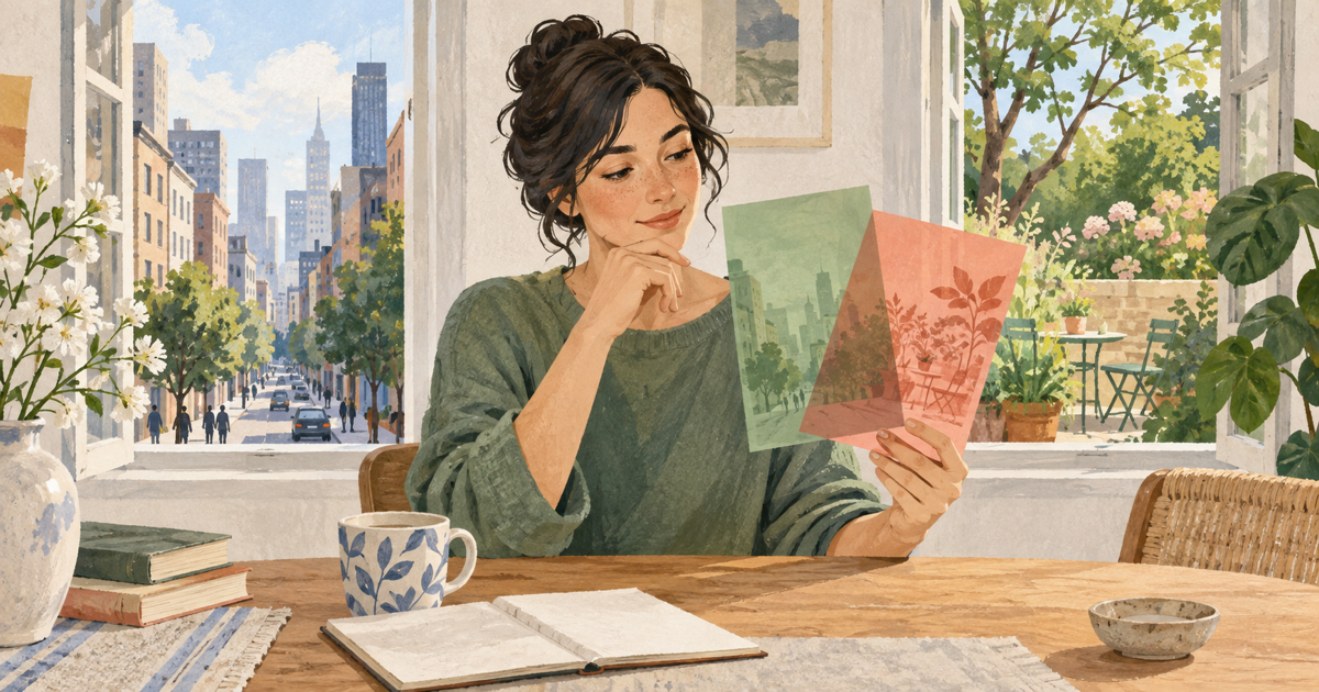 Lound editorial illustration of a person holding overlapping green and coral transparent sheets while considering different possibilities.