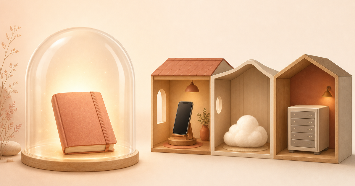 Lound editorial illustration of a closed notebook resting inside a soft glass shell, with a phone, a cloud, and a server drawn as three separate rooms.