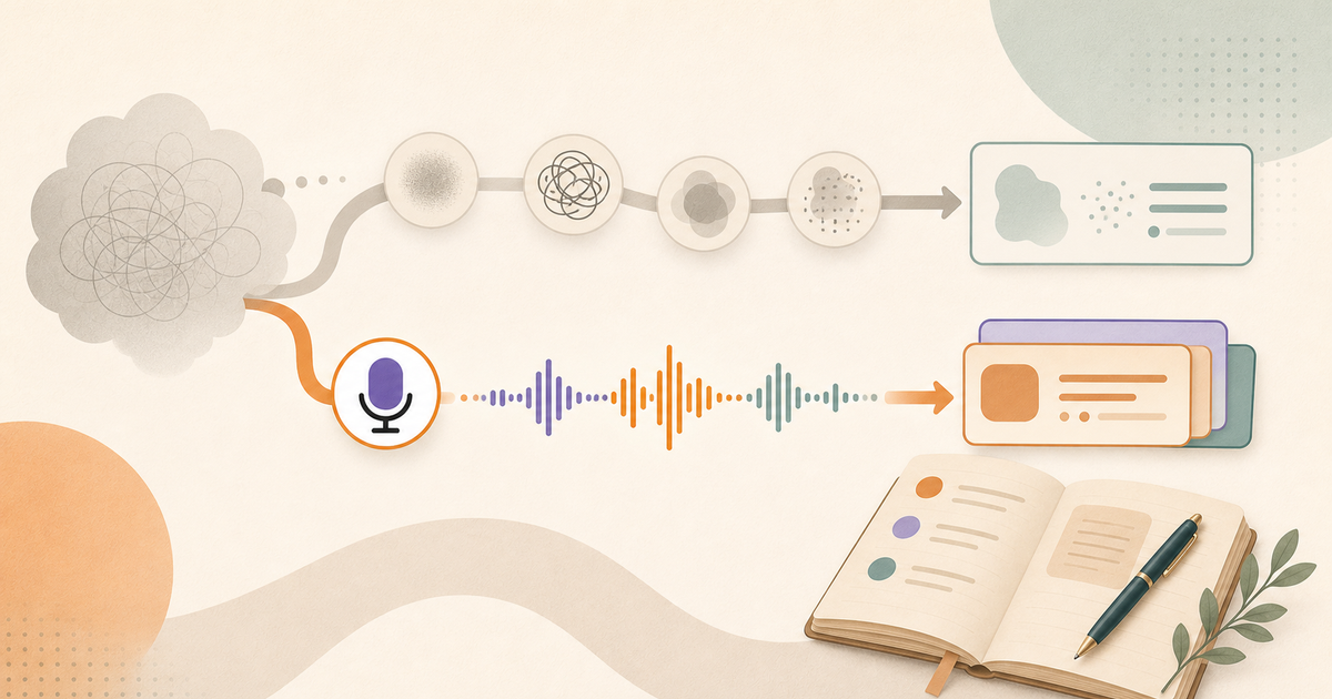 Lound editorial illustration of verbal processing turning fuzzy internal thoughts into clear spoken structure.