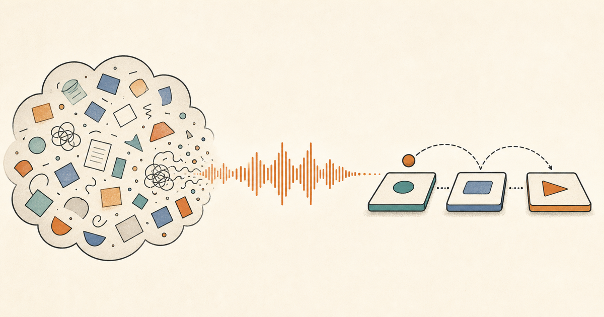 Lound editorial illustration of a complex task becoming a clear trail of small spoken action steps.
