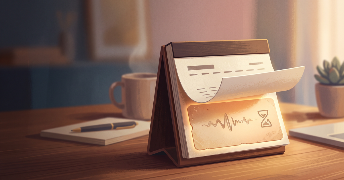 Illustration of a desk calendar with one page lifting to reveal a softly glowing older journal card marked with a voice waveform and an hourglass.