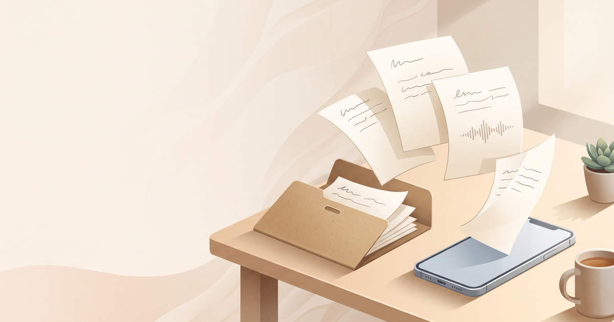 Illustration of journal pages lifting out of a phone and settling into an open kraft-paper folder on a desk, suggesting an export you keep.