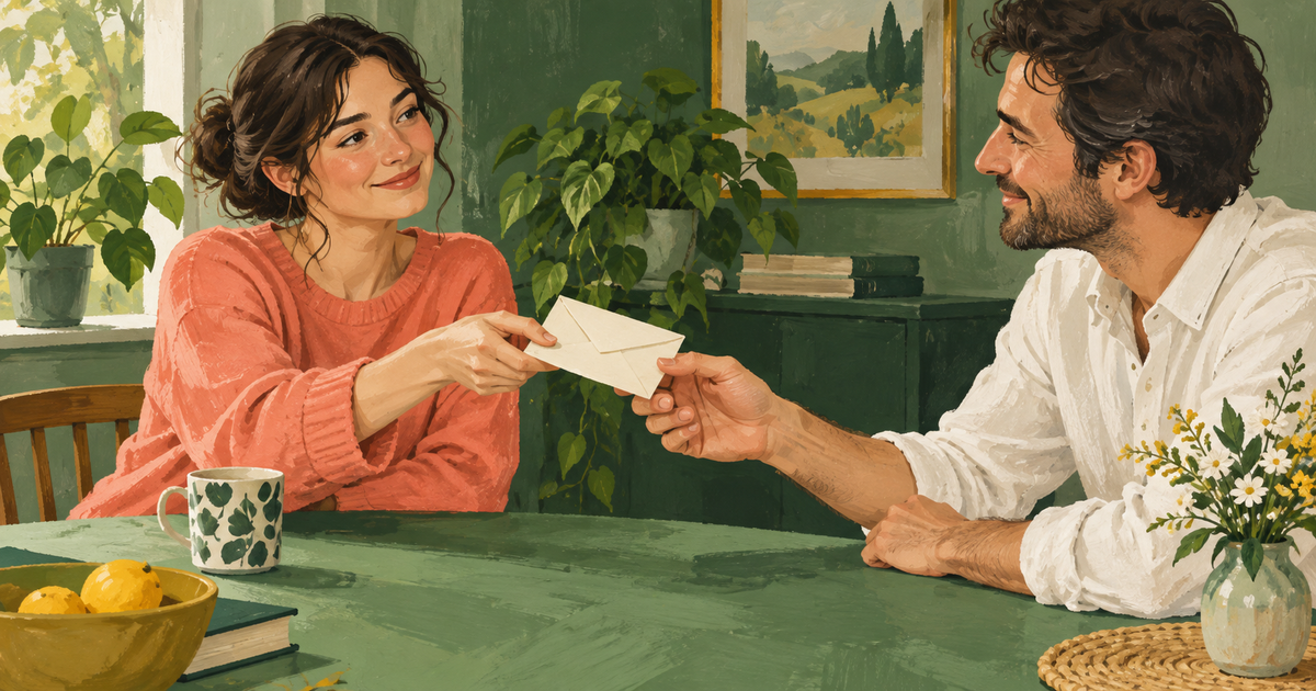 Two people exchange a small thank-you envelope across a green table.