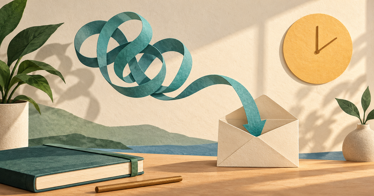 A teal paper loop settles into a small cream envelope beside a journal and sunlit clock circle.