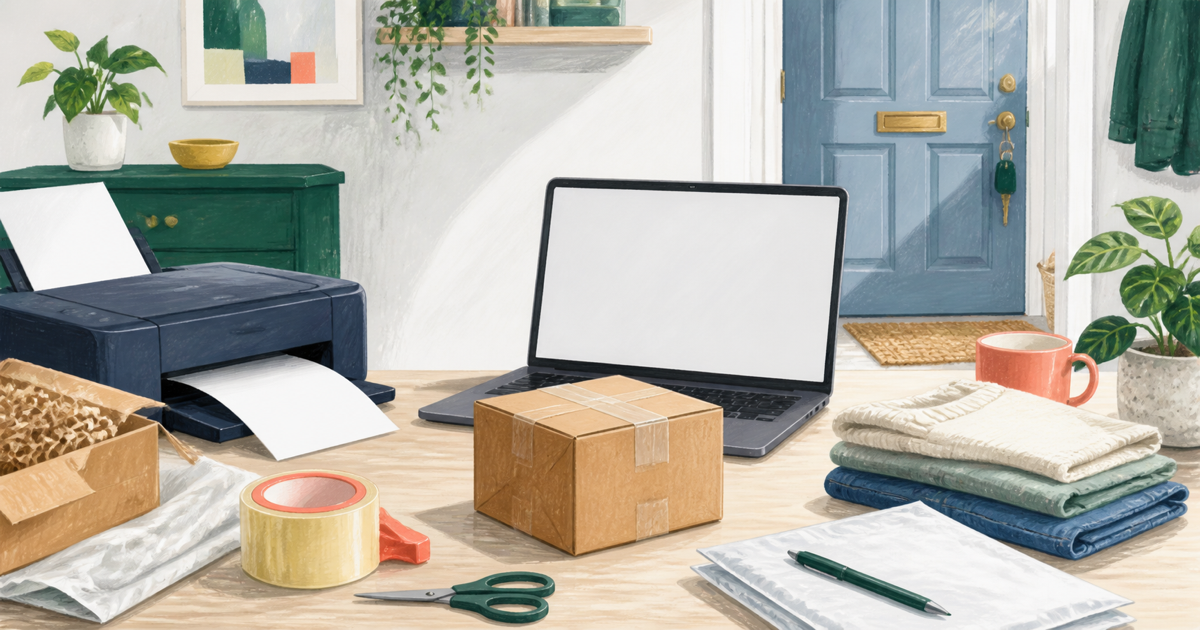 Lound editorial illustration of a small parcel surrounded by the packaging, printer, keys, and other steps needed to return it.