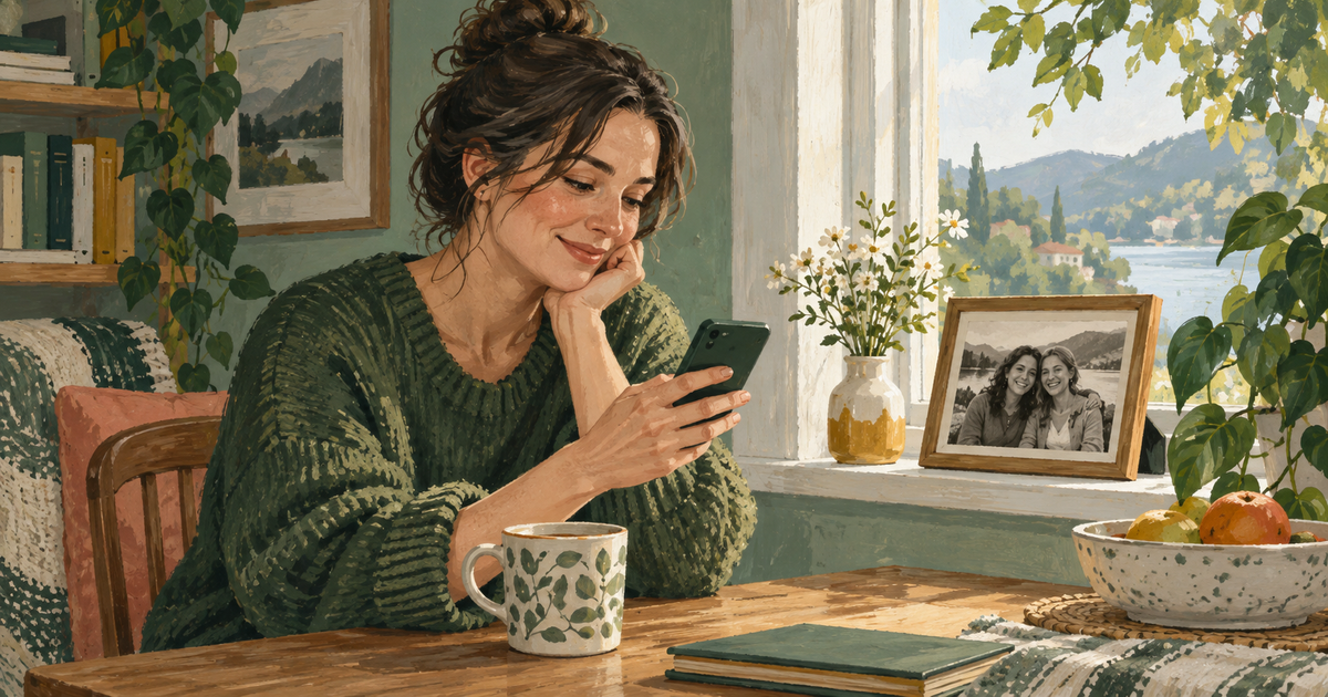 An adult smiles at a phone beside an old photograph of two friends on a sunlit windowsill.